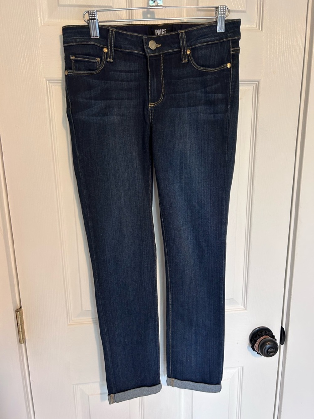 PAIGE “Skyline Crop” Dark Blue Slim Straight Jeans
